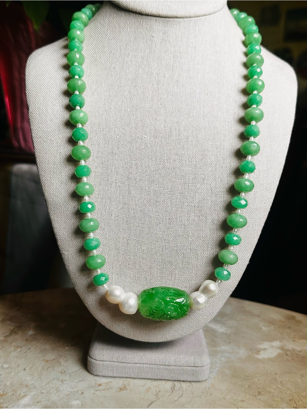 Green Jade Carved Jade Fasted Jade Beaded Necklace with genuine Pearl Artisan - Picture 4 of 13
